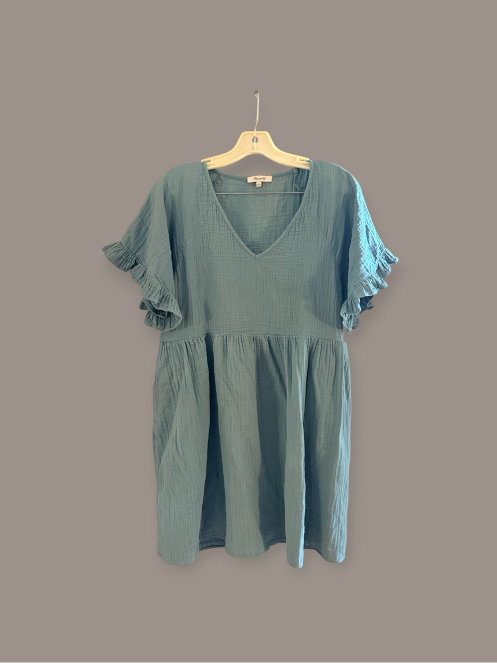 Madewell Seafoam Blue Textured V-Neck Ruffle Sleeve Mini Dress